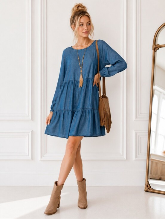 beachlunchlounge Dresses & Skirts - BeachLunchLounge Blue Tiered Mini Dress Size XS | Oversized Boho Lyocell Dress